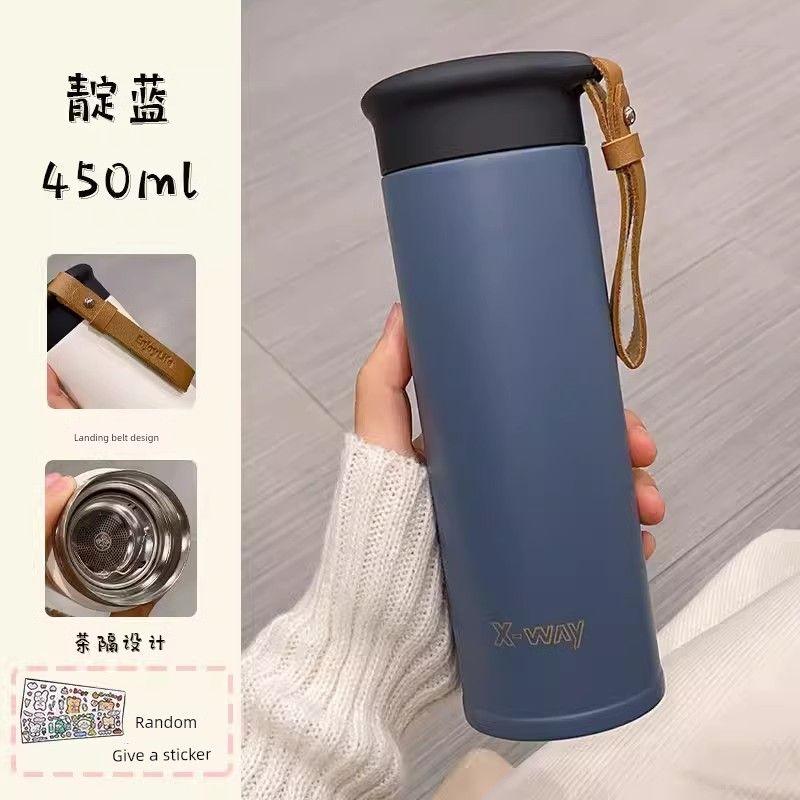 

Simple Large-Capacity Thermos Cup for Girls, 2024 New Model, High-Looking Student Cup with Lid, Can Drink Water and Separate Tea and Water Type B Blue 450ml + Sticker 304 Food Grade