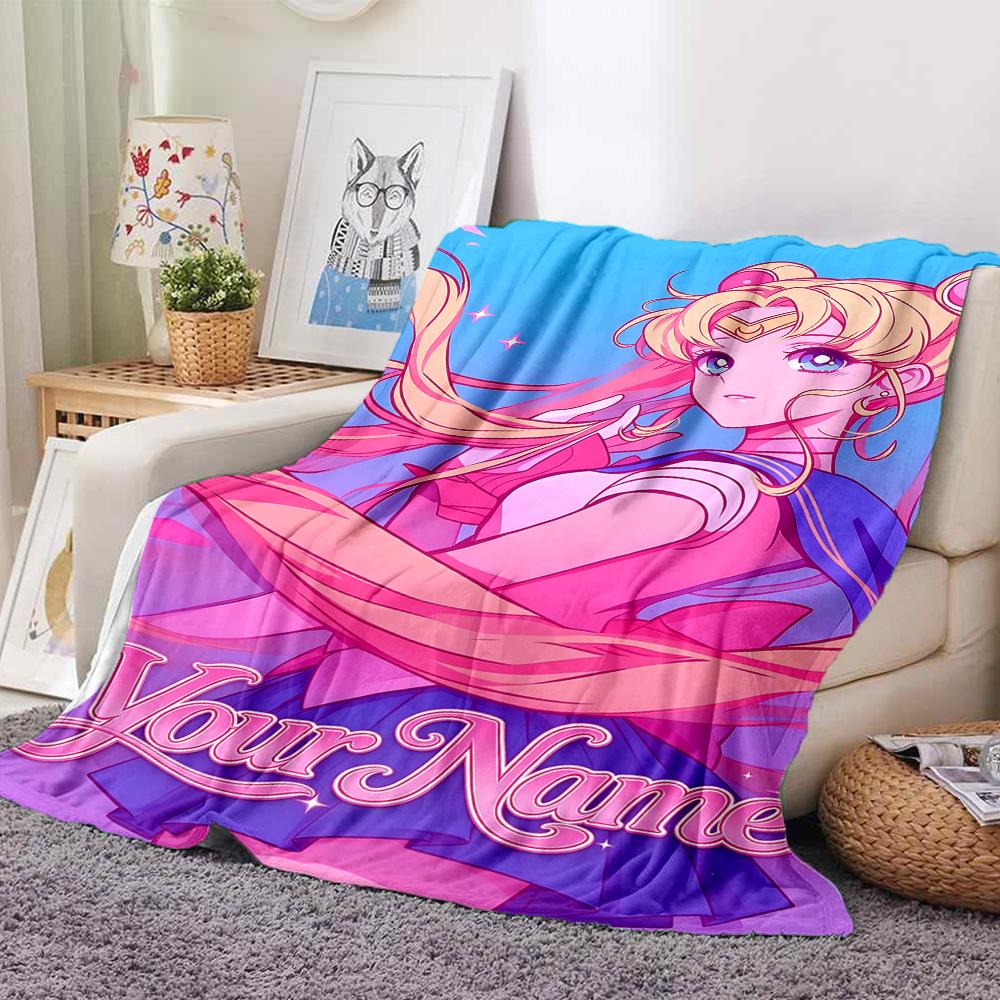 Custom 1Pc Retro Anime Girl Custom Name Fleece Flannel Blanket Soft Warm Cozy Office Throw For Bedroom Couch Travel Birthday Xmas Gift
