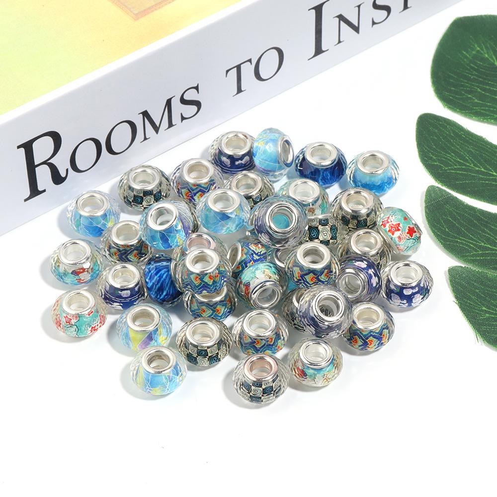 10Pcs/Lot 14×9mm Resin Cut Beads Blue Series Printed Large Hole Loose Spacer Beads For Diy Handmade Bracelet Jewelry Accessories