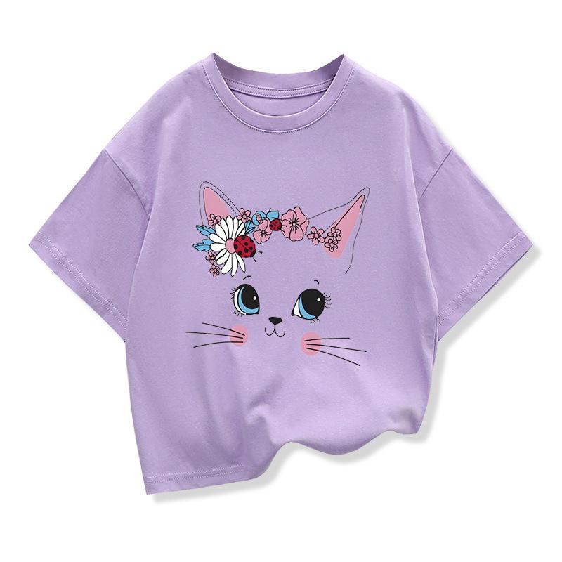 Smile Cartoon Cat Graphic Kids Clothing Tees T Shirt 2025 Girls Loose Short Sleeve T-shirt Kids Birthday Tee Children Clothes