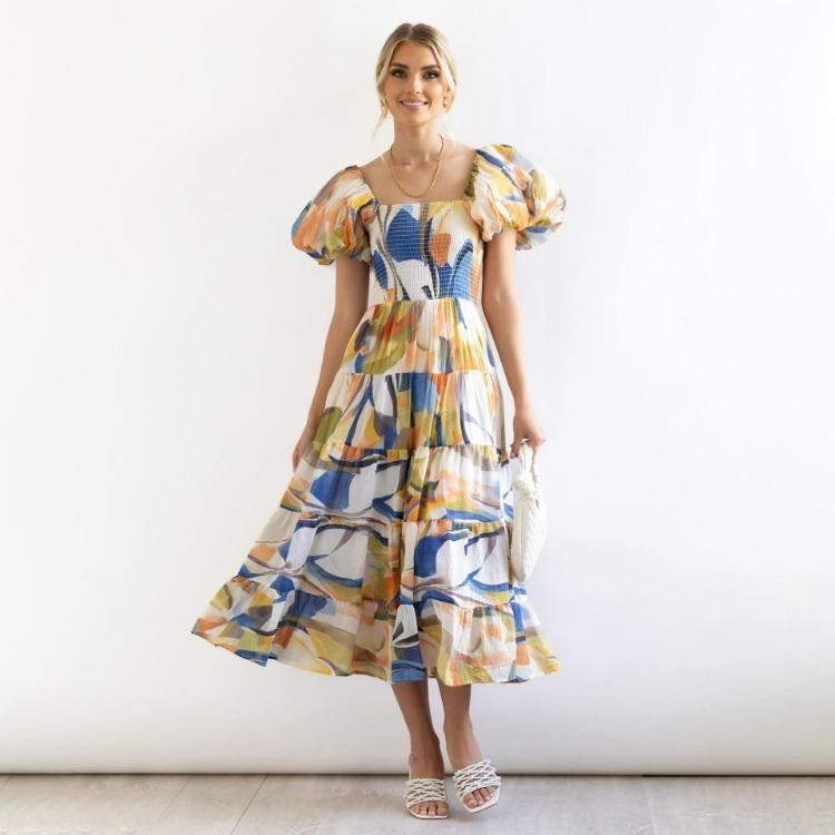 Fashion Summer Dress Women Strapless Print Pleated Short Sleeve Ankle Length