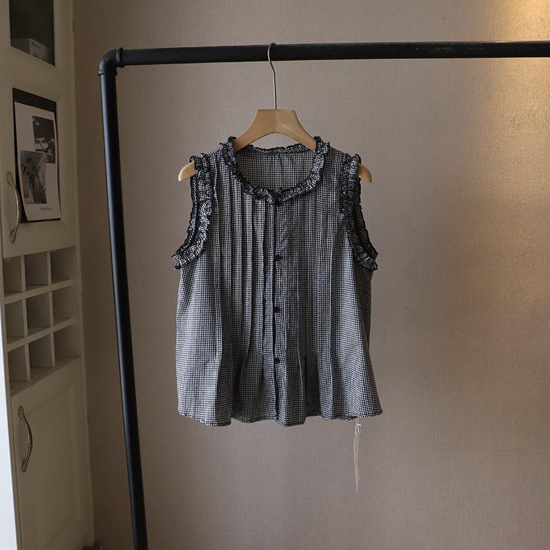 

Летняя корейская клетчатая рубашка без рукавов с оборками и круглым вырезом для женщин, 2025 One Size синий