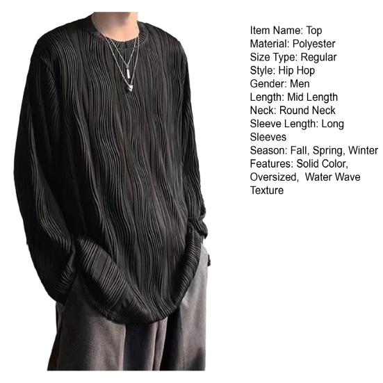 Men Fall Spring Top Water Wave Texture Round Neck Long Sleeve Oversized Solid Color Loose Pullover Hip Hop Streetwear Mid Length Men Soft T-shirt