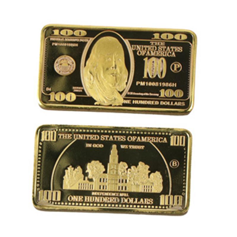 1pcs USA 100 Dollar Bullion 24k Gold Bar American Metal Coin Golden Bars USD With Gif