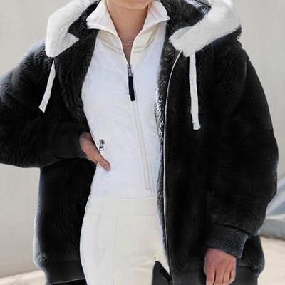 Women Winter Coat Thick Fuzzy Plush Hooded Zipper Closure Drawstring Outerwear with Side Pockets Long Sleeve Windproof Heat Retention Outdoor Jacket