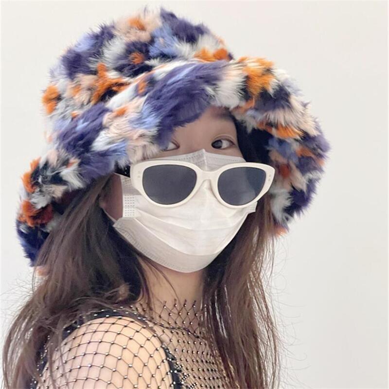

Purple tie-dye multi-color trendy autumn and winter European and American street style faux fur fisherman hat, warm bucket hat that makes the face M（56-58cm）
