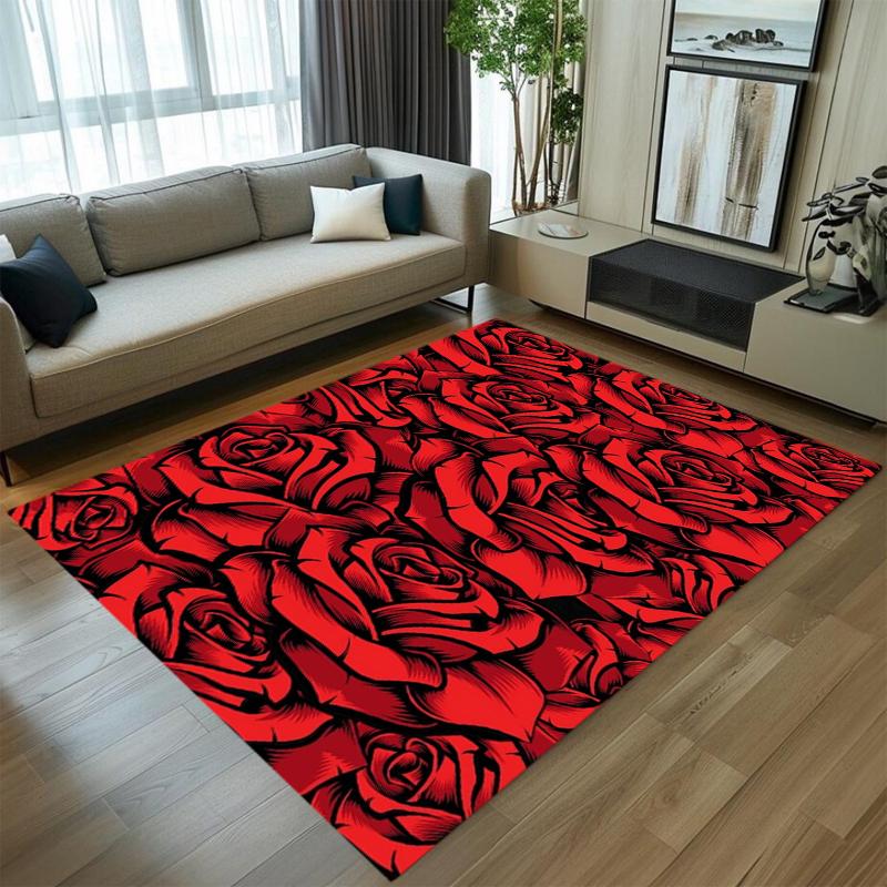 Red Black Rose Pattern Carpet Mat Rug Home Decoration Non-slip Soft Thick Floor Mat Living Room Bedroom Vintage Area Rug