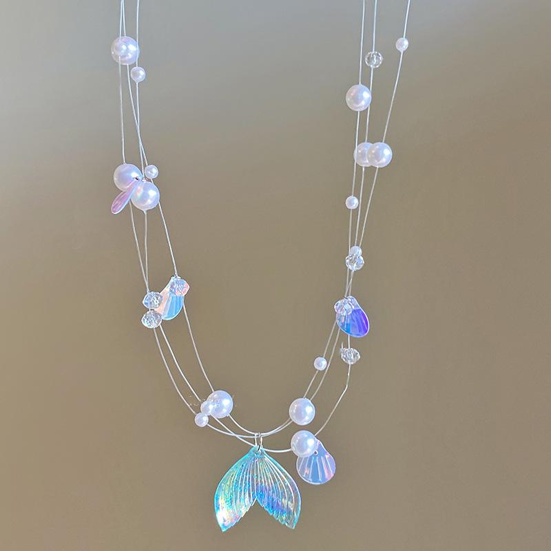 Pearl Glass Shell Fishtail Pendant Necklace Fashionable Exquisite Small Fresh Collarbone Chain Leisure Vacation Style Necklace Women