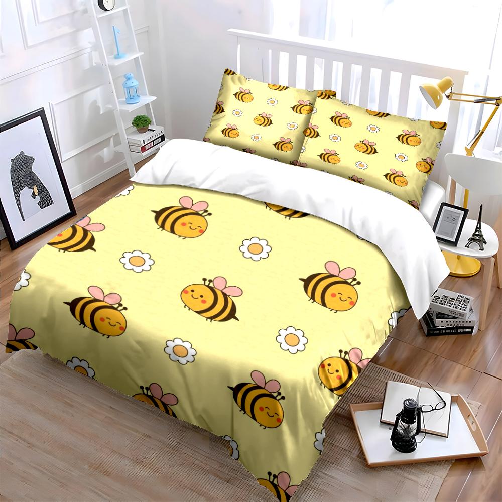 Süßes Cartoon-Bienen- und Gänseblümchen-Bettwäscheset Bettwäscheset (1 Bettbezug, 2 Kissenbezüge, Bettdecke nicht enthalten)