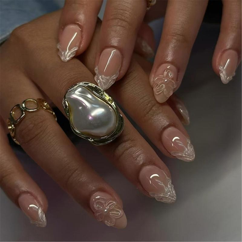 

Short Almond Press on Nail With 3D Floral Artificial Nail Full Cover Stick on Nail Suitable For Various Occasion 30Pcs 1