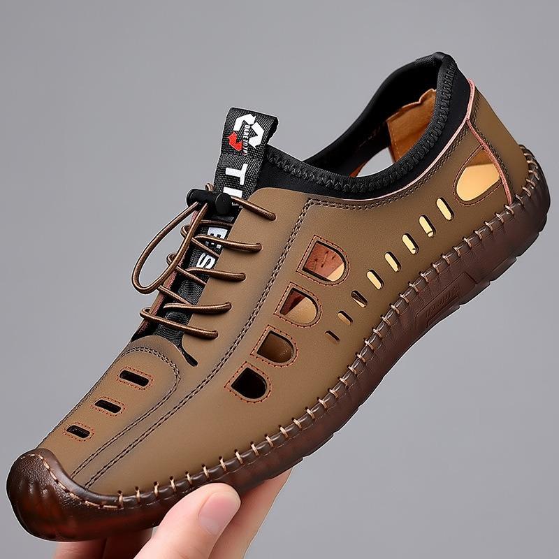 Men's summer hollow sandals hand-stitched soft sole soft surface breathable casual hole shoes driving shoes