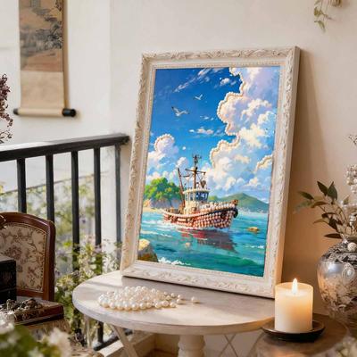 Set de Pintura con Perlas DIY Patrón del Barco Varado Decoración del Hogar Diamante Pegajoso Hecho a Mano Lienzo Creativo Pintura Artística con Perlas Manualidades Regalo Perfecto