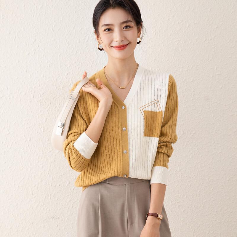 

TUHUANG Women s Pure Wool V-Neck Color Block Cardigan L