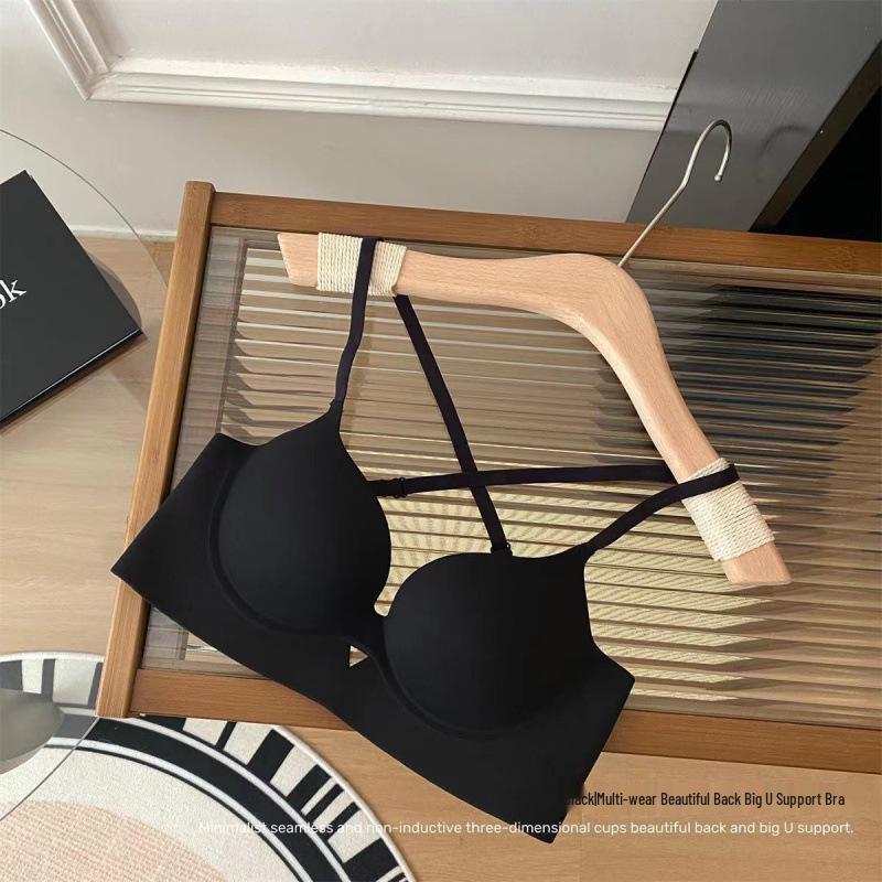 

Женский бесшовный бюстгальтер без спинки U-образной формы: Маленький увеличивающий грудь, противоскользящий, сексуальный крест-накрест сзади, тонкий летний дизайн. XL (38/85ABC) чёрный