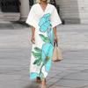 VONDA Summer Women V Neck Half Sleeve Floral Print Back Lace-up Casual Long Dress