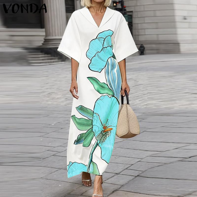 VONDA Summer Women V Neck Half Sleeve Floral Print Back Lace-up Casual Long Dress
