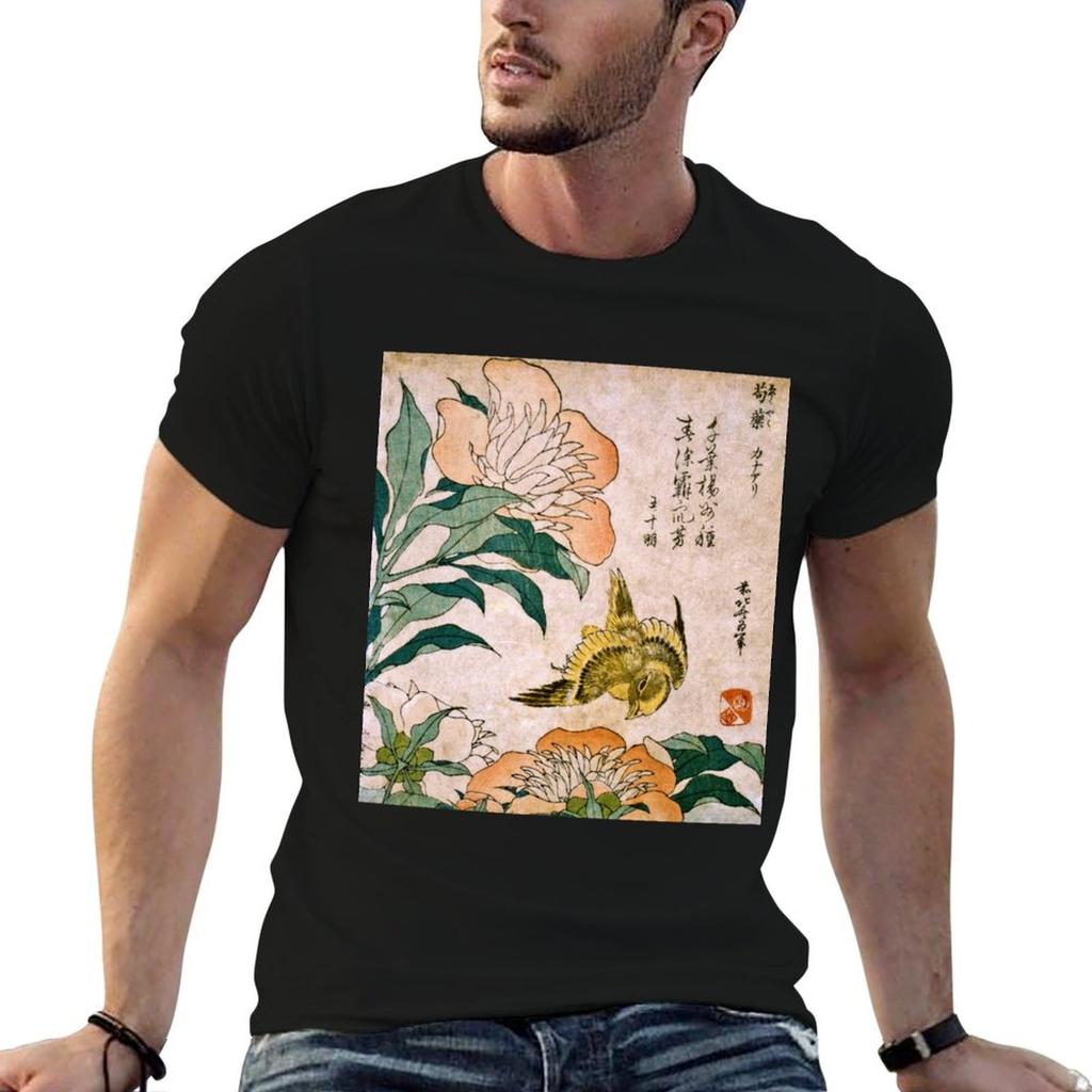 Unisexs Funny Cotton Graphic Tee Hokusai Katsushika Peony And Canary Art Print