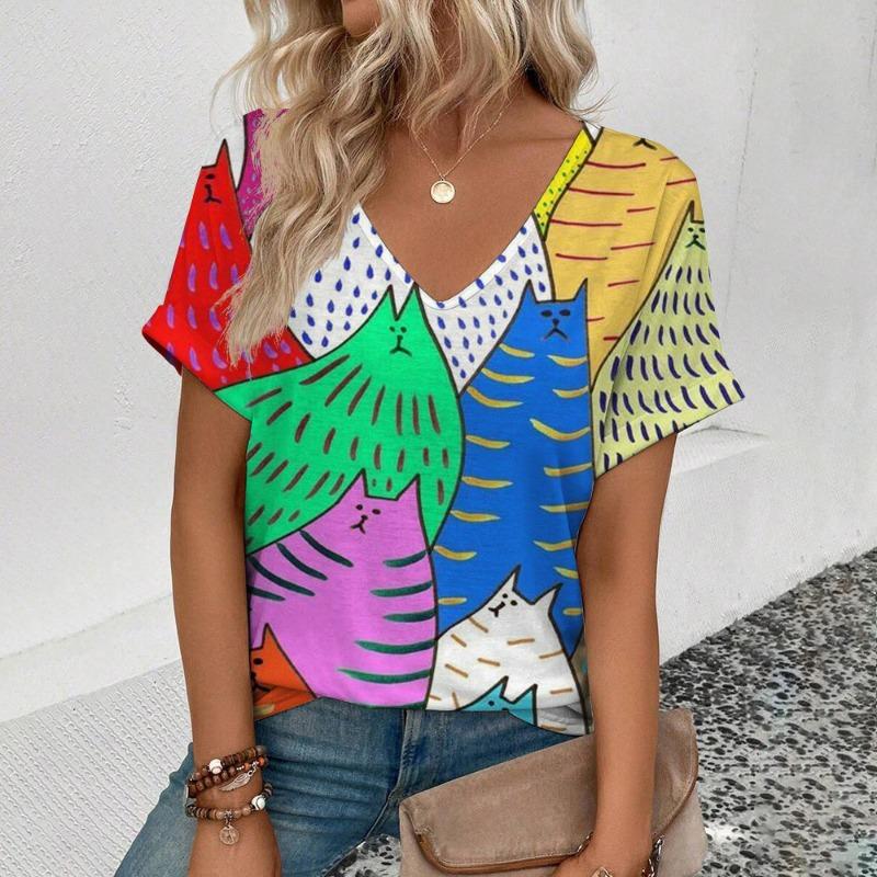 Summer Simple Trendy V-neck T-shirt Loose Casual Cat 3D Digital Printed Casual Short Sleeve T-Shirts Women’s