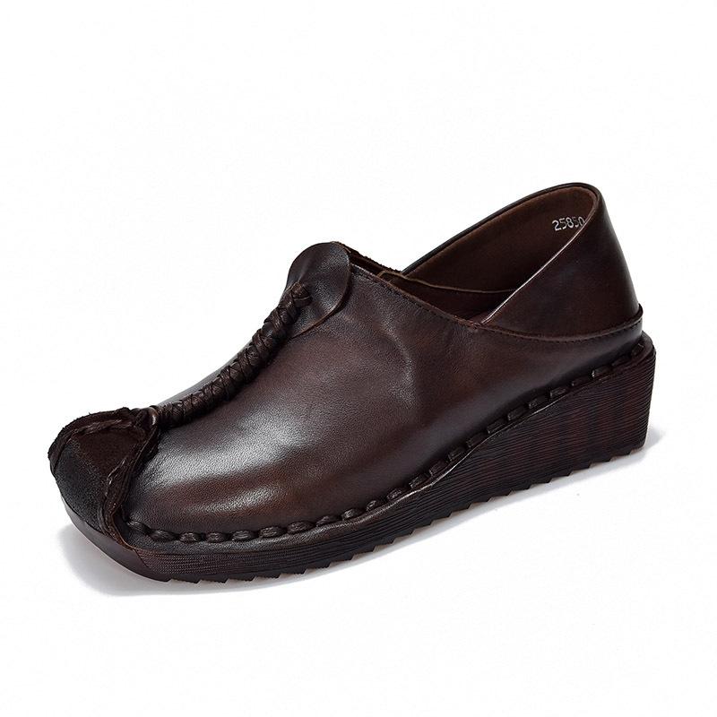 

Johnature Genuine Leather Wedges Shoes Retro Soft Cowhide Soft Soled Comfortable Women s Slip-on Shoes 35 кофейный