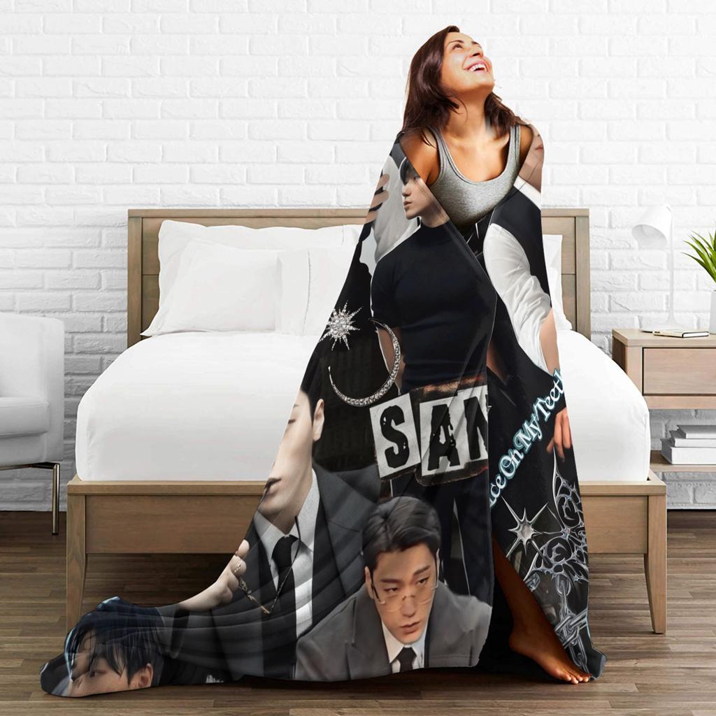 Kpop Ateez Choi San Blanket Soft Print Plush Bedding Throws For Couch Bed Airplane Travel Flannel Bedspread Bed Cover