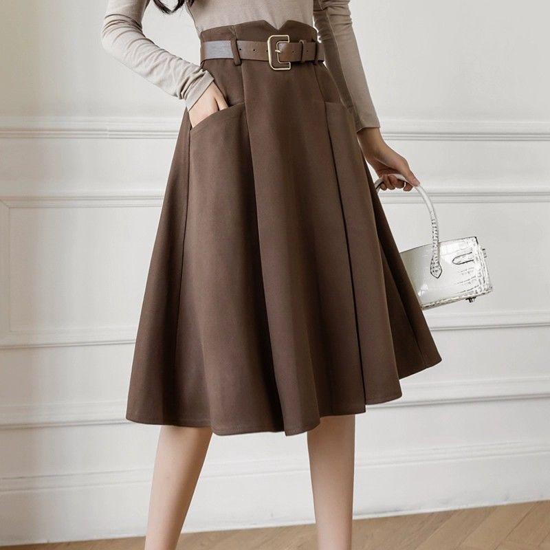 Simplicity Office Lady Autumn New Women's Elastic High Waist Solid Pocket Plaid Korean Fashion Sweet Slim Mid-leng A-line Skirt