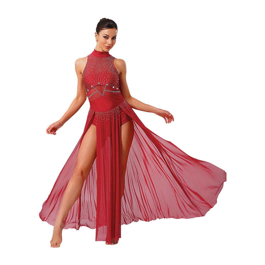 Womens Sparkly Lyrical Performance Dress Back Keyhole Leotard Sheer Mesh Details Slit Hem Modern Dance Costume