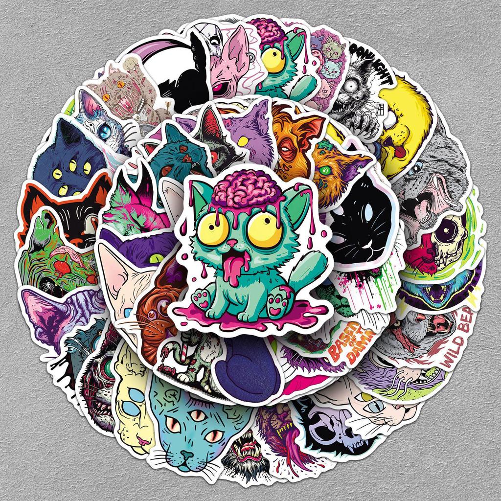 50PCS Halloween Scary Cat Stickers – Cartoon Animals for Journal, Headphone, Desktop, and Refrigerator