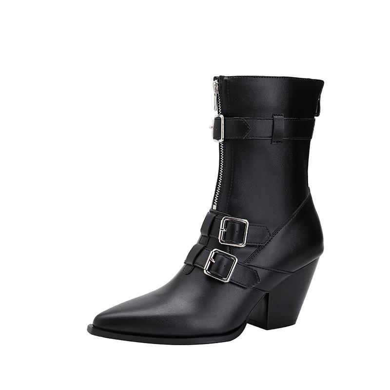 Leather western cowboy boots street thick heel medium boots women's fashion 2024 new pointed high heel medium zipper short boots