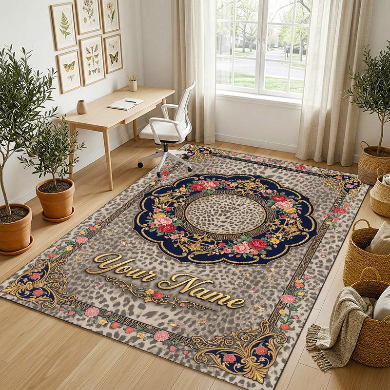 Leopard Floral Theme Soft Crystal Velvet Rug Custom Name & Text Print Non Slip Floor Rug for Bedroom Living Room