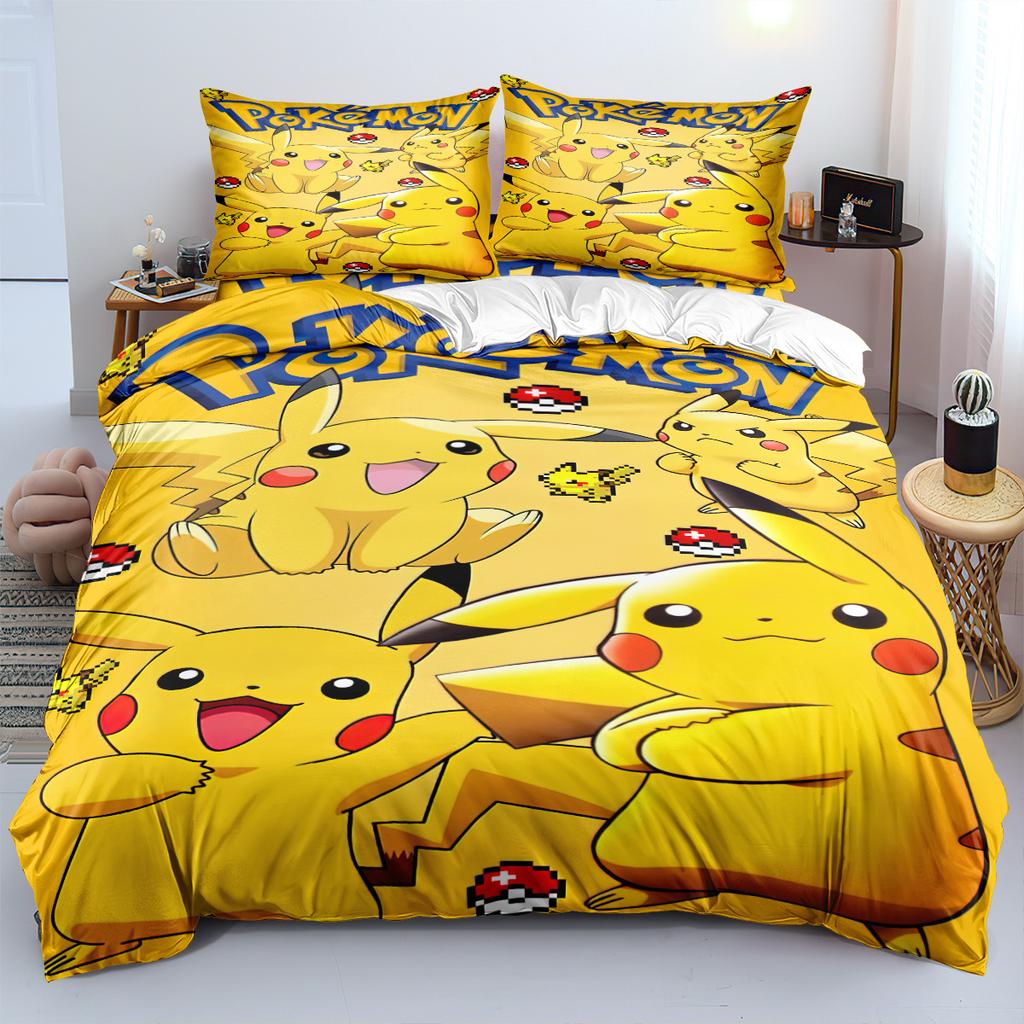 Sött P-Pokémon Sängkläder Set för Barn Pojkar Tecknad Tryckt Påslakan Täcke Set Pikachu Överdrag Sängkläder Set