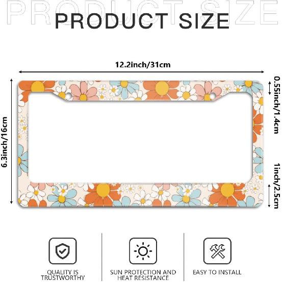 License Plate Frame,Floral Retro Daisys License Plate Frames Decorative Car Tag Frames Aluminum Metal License Plate Holder For US Canada Standard