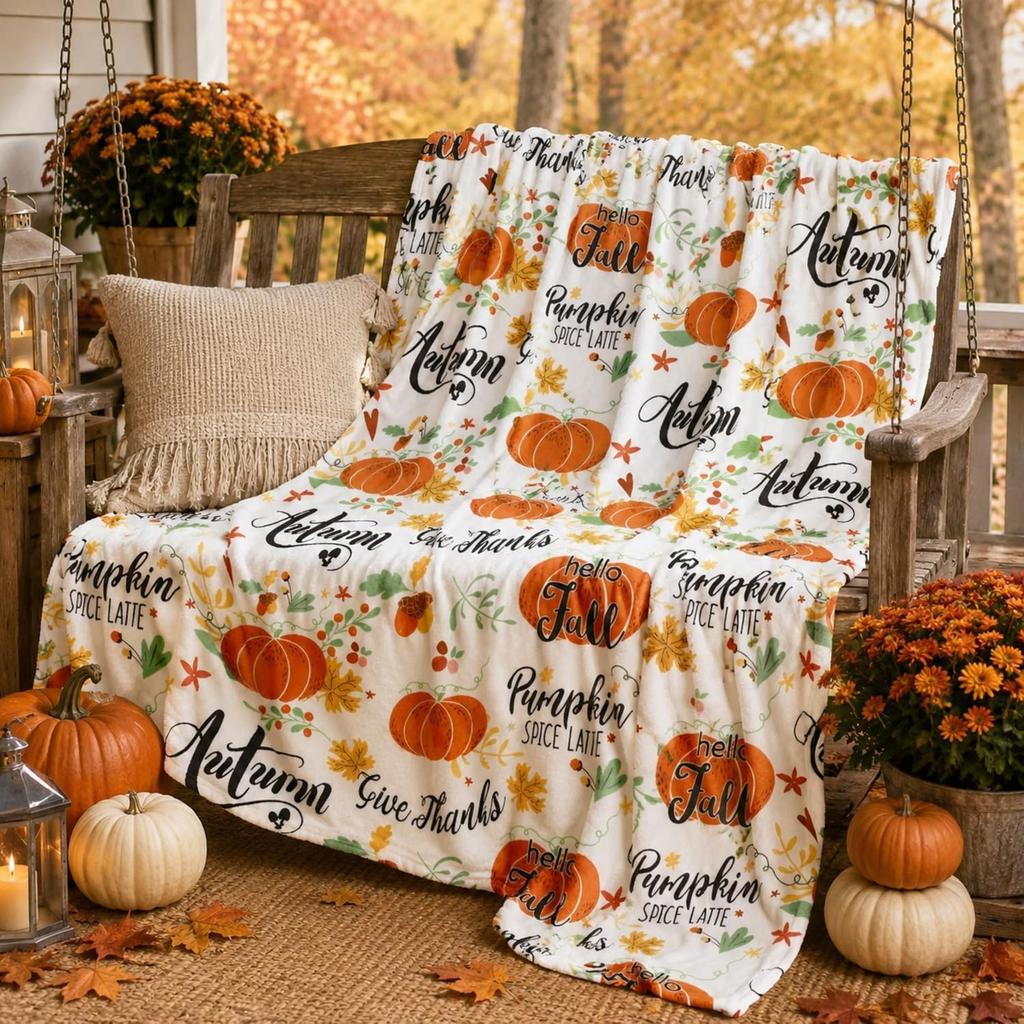 Autumn Pumpkin Flannel Throw Blanket Hello Fall Pumpkin Spice Latte Maple Leaf Thanksgiving Soft Blanket