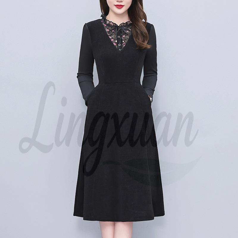 Elegant Black Patchwork A-line Skirt: 2026 Winter Lightweight Long Sleeve Slimming Dress 4XL чёрный