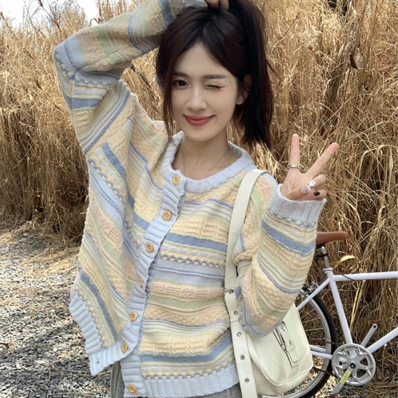 Damska luźna odzież wierzchnia w paski w stylu koreańskim Wszechstronny lekki sweter dzianinowy Kardigan Kurtka