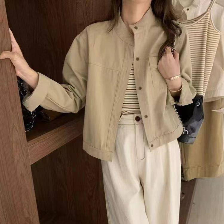 Women's Solid Color Cargo Jacket Korean Style Casual Short Length Long Sleeve Outerwear for Autumn