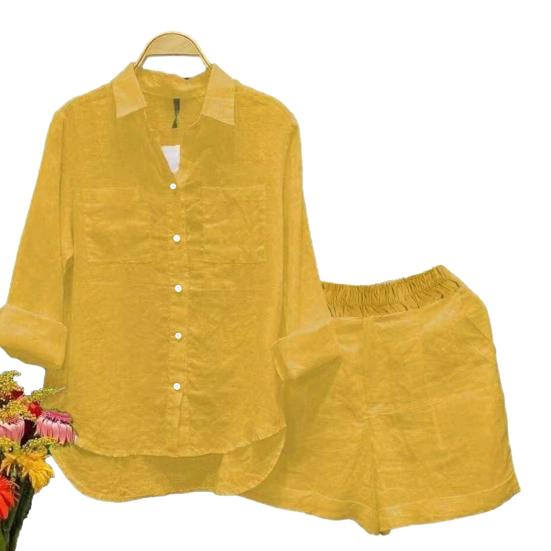 2 Pcs/Set Women Shirt Shorts Set Solid Color Loose Long Sleeves Elastic Waist Single-breasted Patch Pockets Irregular Hem Lapel Casual