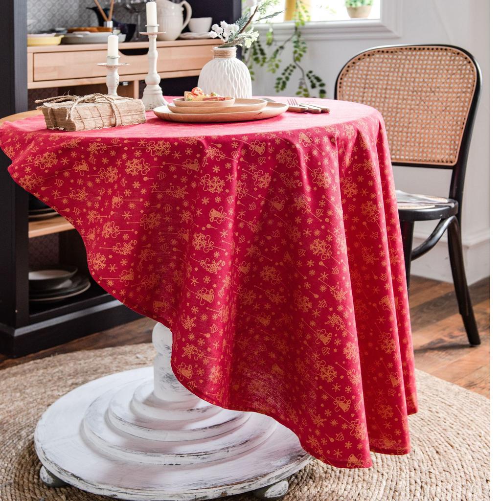 Hot Christmas New Year Festival Party Favor Tablecloth Red Green Cotton Linen Round 150Cm Printed Snow Flower Table Cloth Cover