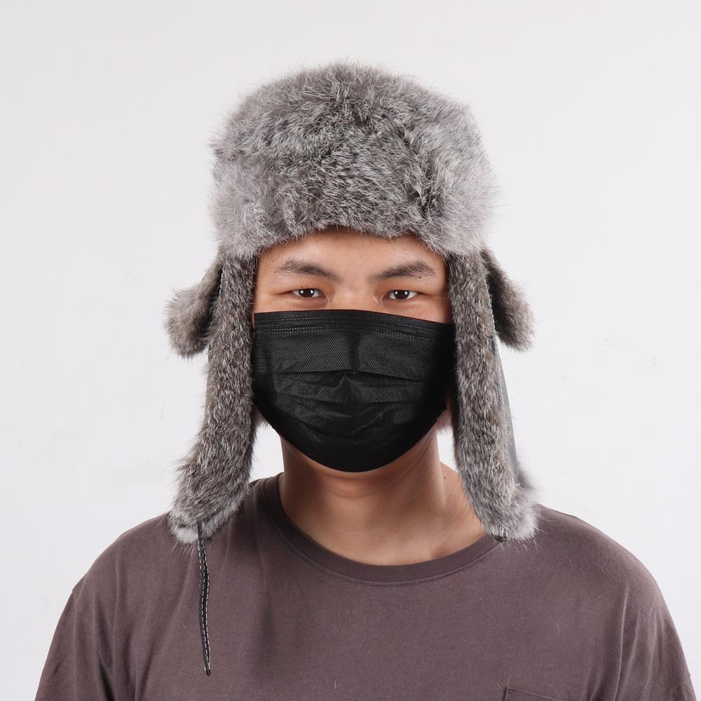 New Winter Men Natural Rabbit Fur Bomber Hat Genuine Sheepskin Leather Cap Men Outdoor Windproof Super Warm Rabbit Fur Caps