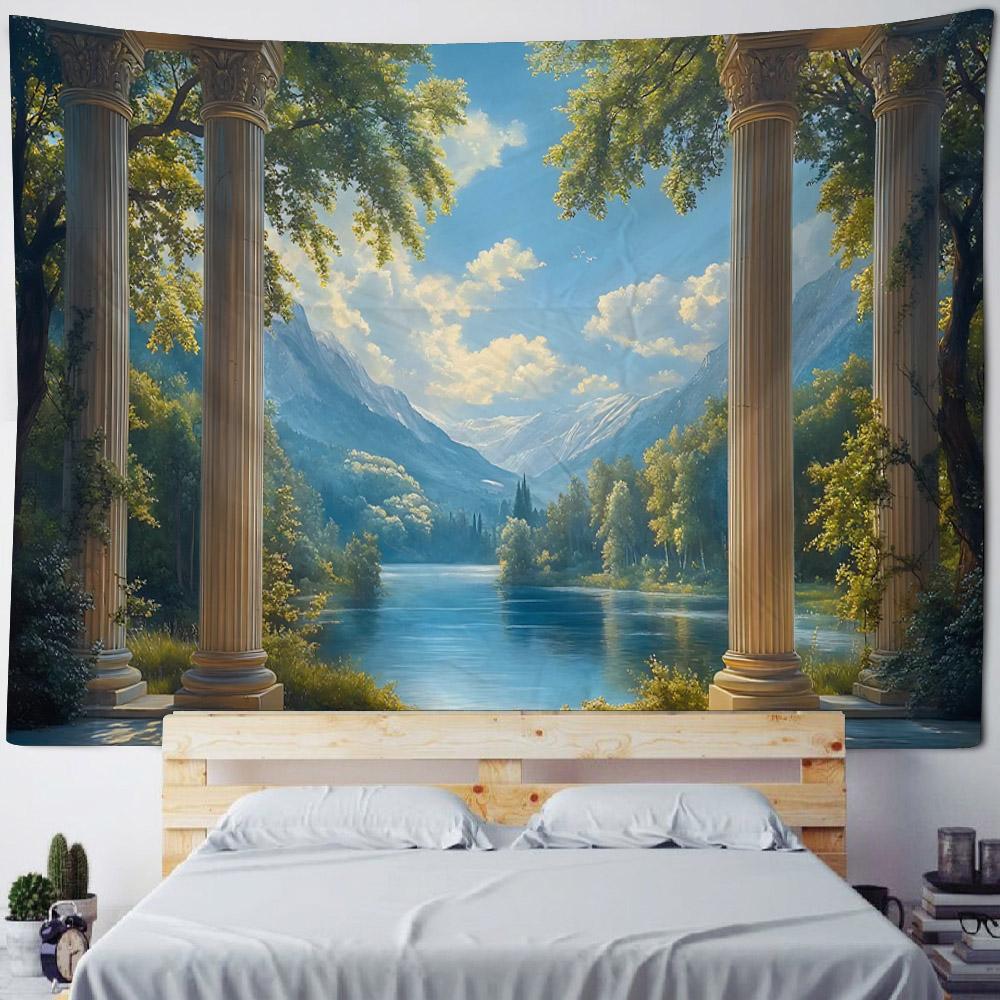 Window floral tapestry balcony green plant wall hanging art, bedroom decoration, background poster, home life, picnic mat