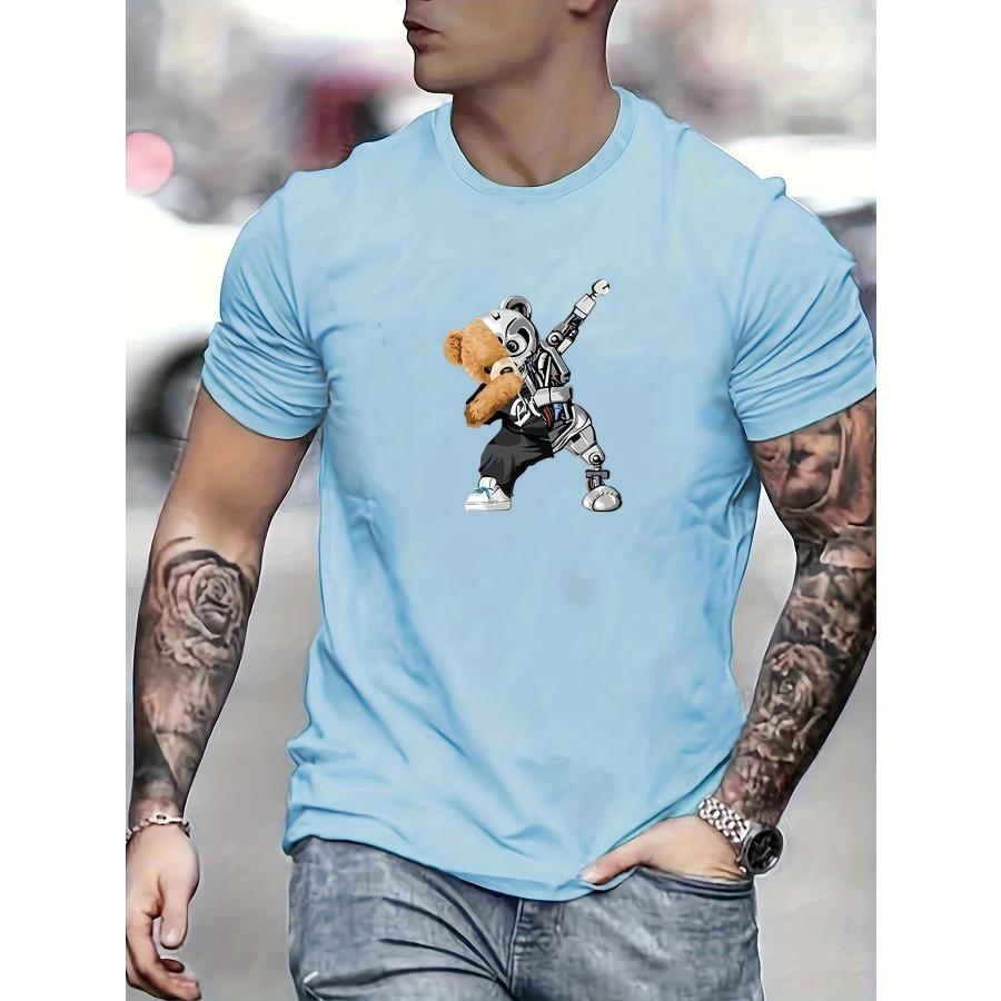Cotton Robot Bear Pattern T-shirt, Men's Casual Street Style Stretch Round Neck Tee Shirt For Summer
