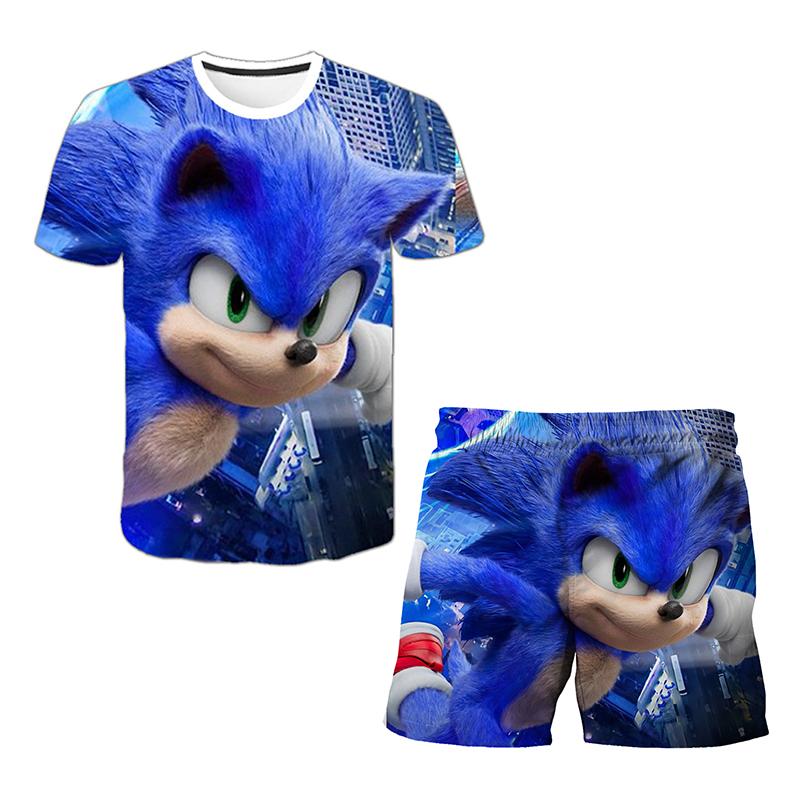 2025 MINISO Ny Japansk Tecknad Sonic 2 T-shirt Barnens Topp Shorts Tvådelat Set Sommar Pojke Tecknad Söt SONIC T-shirt+ Strandbyxor