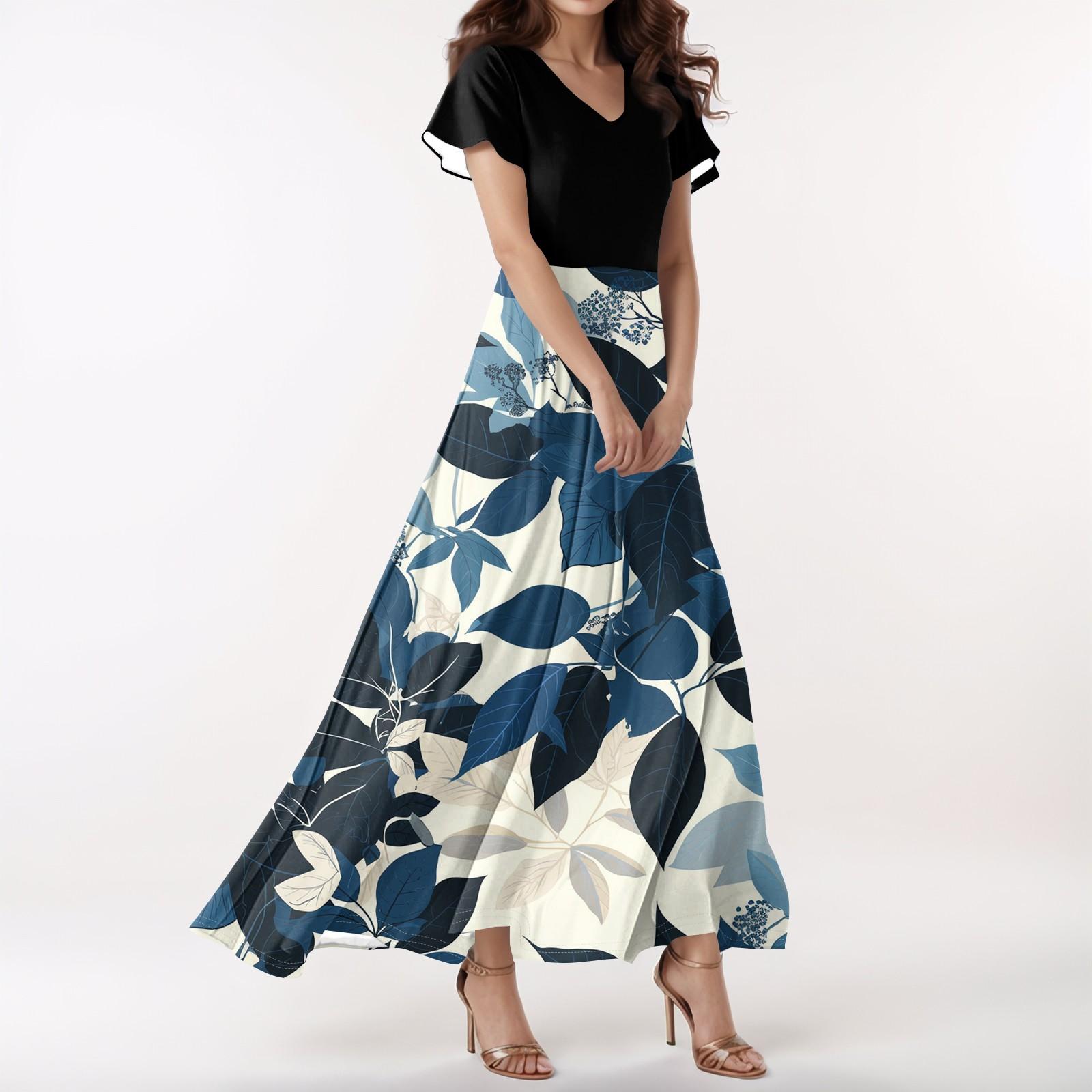 

Женское повседневное платье с V-образным вырезом, коротким рукавом, высокой талией и принтом в виде цветов и листьев в стиле ретро XL тёмно-синий