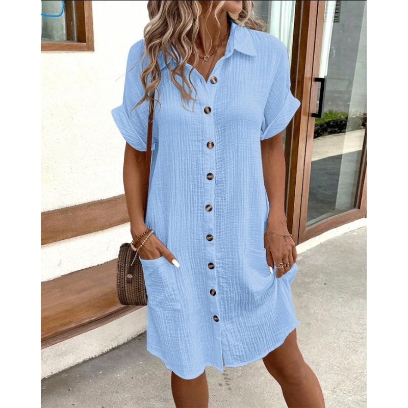 Casual Solid Color Single-breasted Medium and Long Short-sleeved Loose Casual Dress Women's Clothing