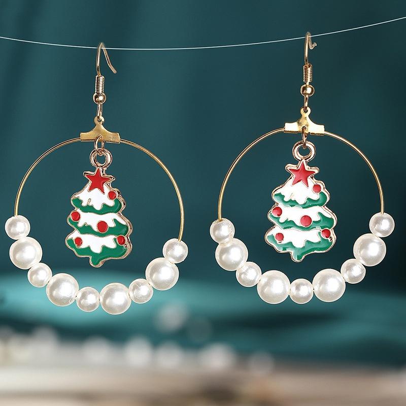 Cartoon Fun Christmas Earrings Geometric Ear Rings Christmas Tree Elk Pearl Earrings