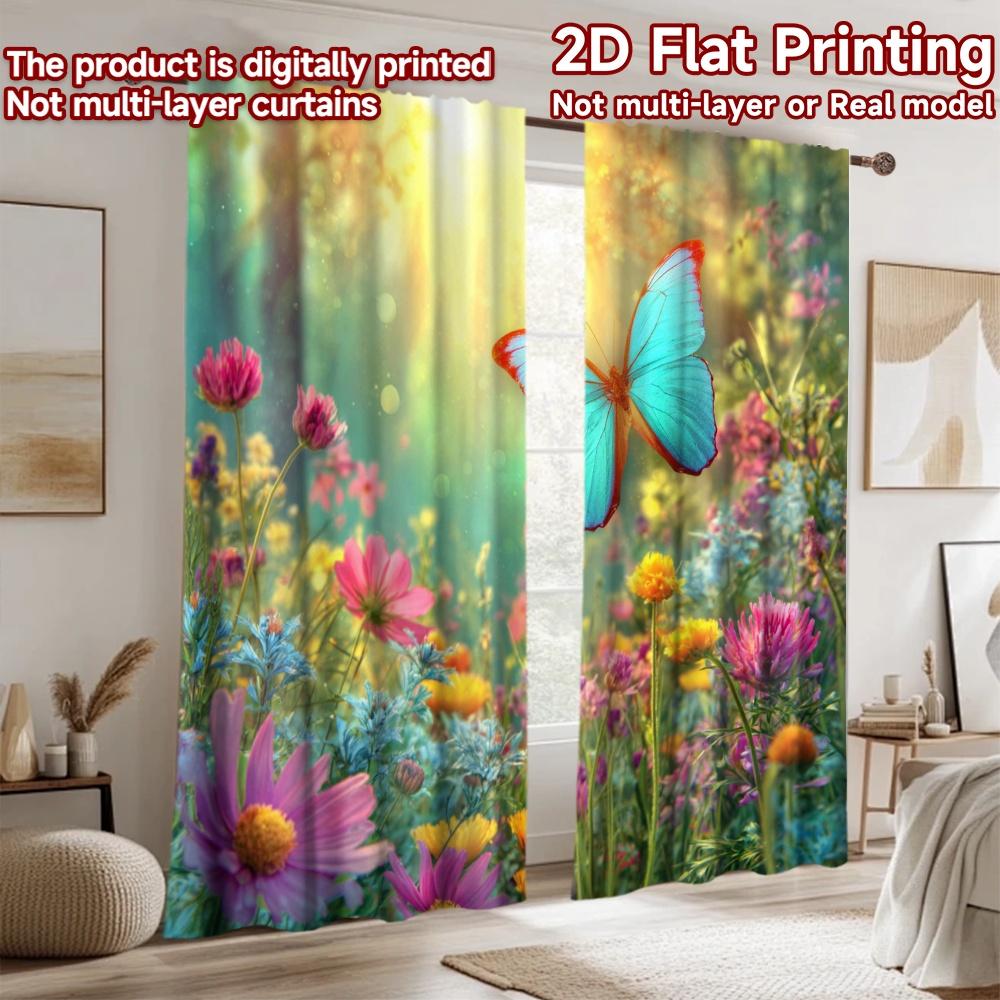 2D flat printing 2pcs Curtains Bright Butterfly Meadow Flowers Digital Printed Polyester Drapes Family Party Perfect for Event