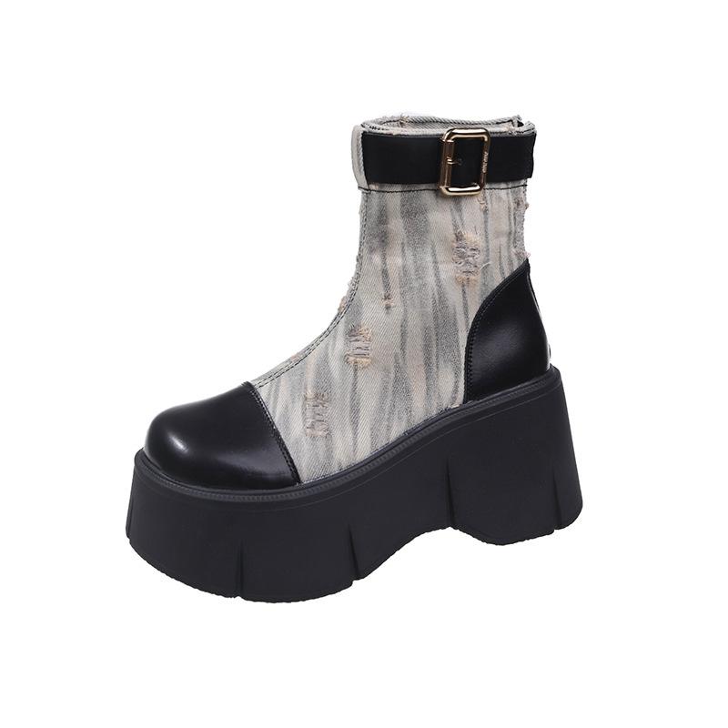 fashion Genuine Leather Denim Booties Autumn Spring Women Motorcycle Ankle Boots Platform Fashion Mid Calf Thick Heels Shoes