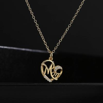 Yousheng Women Necklace Shiny Rhinestones Inlay Heart Pendant MOM Lettered Elegant Dress-Up Alloy Jewelry Clavicle Chain Party Dress Mom Jewelry