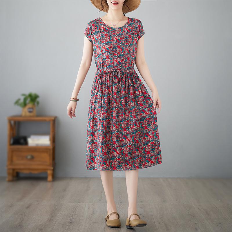 2025 Summer Floral Cotton-Silk A-Line Dress: Women's Short Sleeve, Loose Waist, Slimming Tie Mid-Length