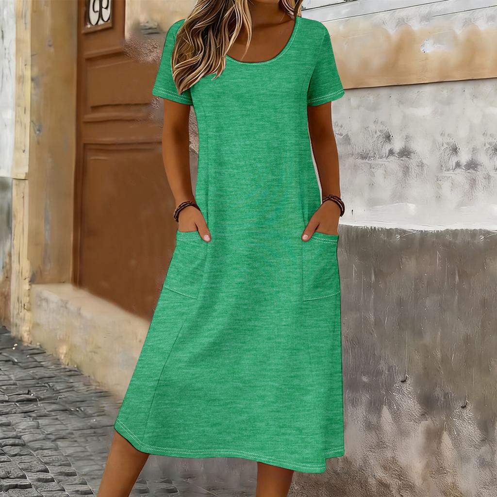 Women Casual Loose Fit Crew Neck Short Sleeve Midi Dress with Pockets Soft Fabric Comfortable Everyday Wear Suitable for Various Occasions