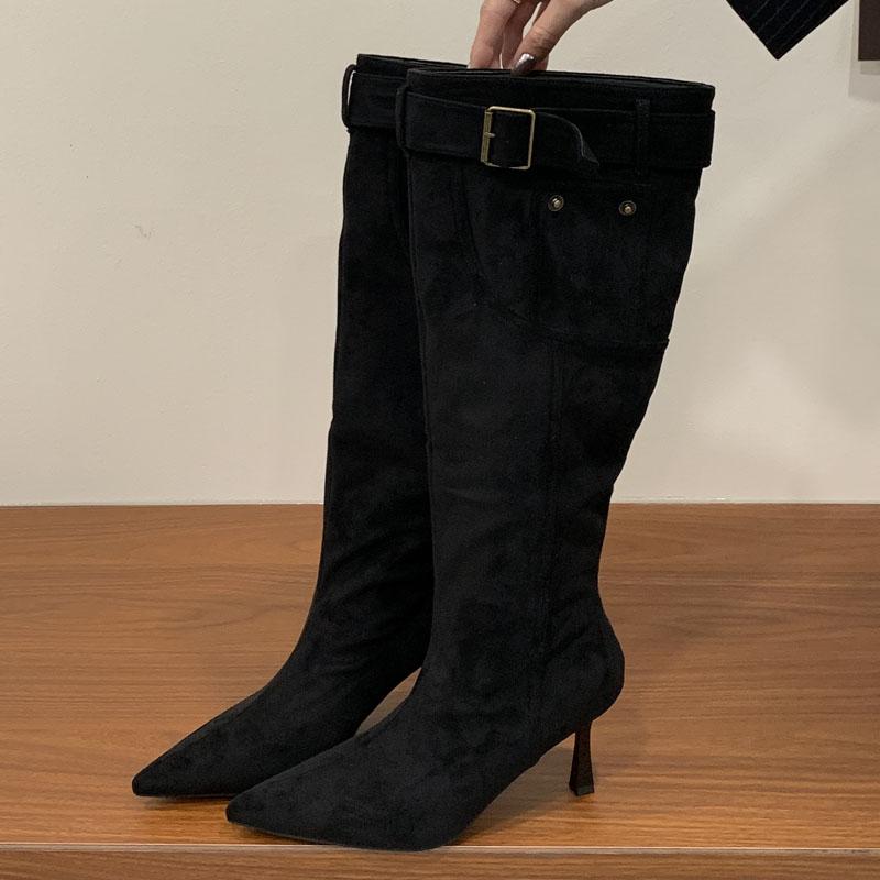 

Eilyken Street Style Design Strap Buckle Pointed Toe Women Knee High Boots Sexy Thin High Heels Banquet Party Shoes 35